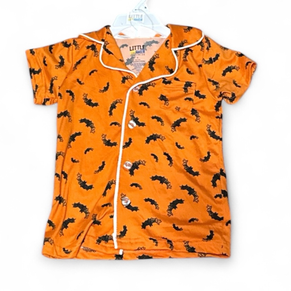 Kids Orange Bat Print Halloween Pajama Set Size 7/8 New - Picture 3 of 3